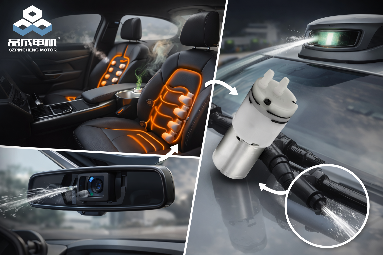 Electric Vehicle Thermal Management System (EV TMS) schematic diagram, showcasing the key application of automotive micro water pumps (electronic water pumps) manufactured by Shenzhen Pincheng Motor in battery cold plate, PTC heater, and radiator cooling cycles.